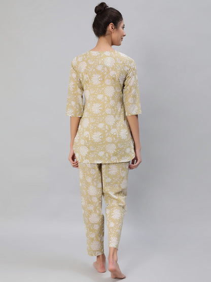 Women's Olive Green Floral Printed Night Suit Set
