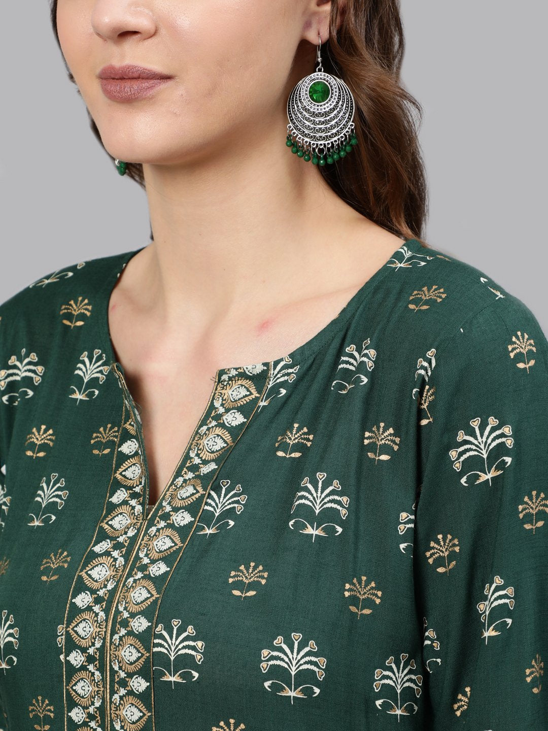 Women's Green & Gold Printed Tunic With Three Quarter Sleeves