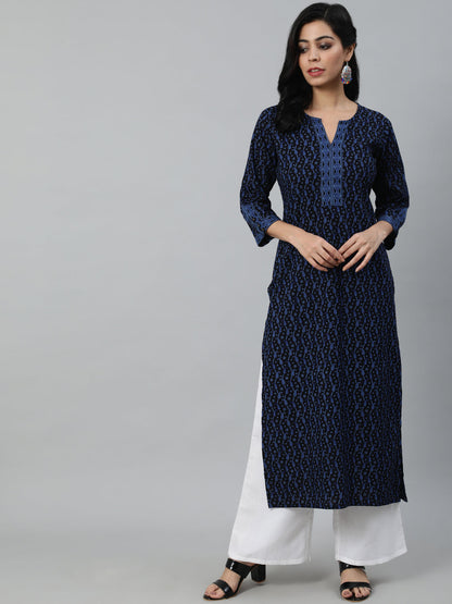 Women's Black Printed Straight Kurta With Three Quarter Sleeves
