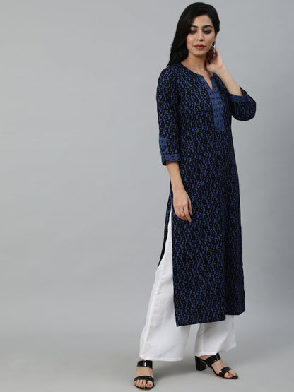 Women's Black Printed Straight Kurta With Three Quarter Sleeves