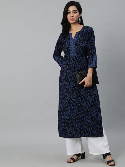 Women's Black Printed Straight Kurta With Three Quarter Sleeves