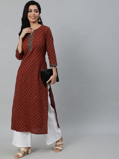 Women's Maroon Printed Straight Kurta With Three quarter Sleeves