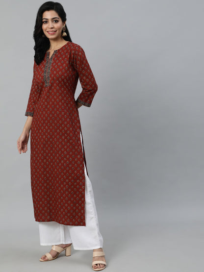 Women's Maroon Printed Straight Kurta With Three quarter Sleeves