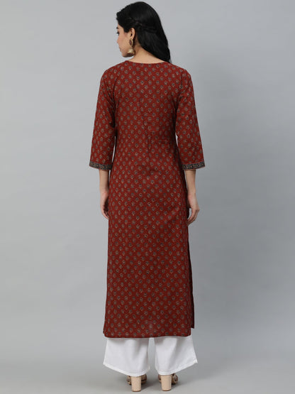 Women's Maroon Printed Straight Kurta With Three quarter Sleeves