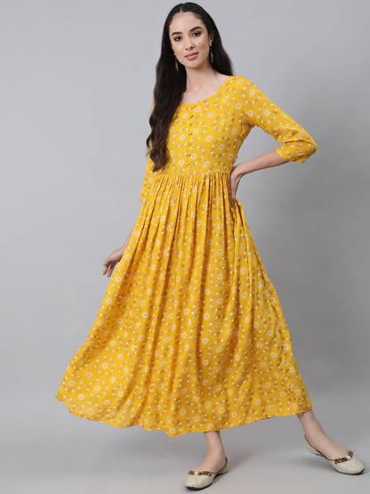 Women's Yellow Ethnic Printed Flared Dress With Three Quarter Sleeves