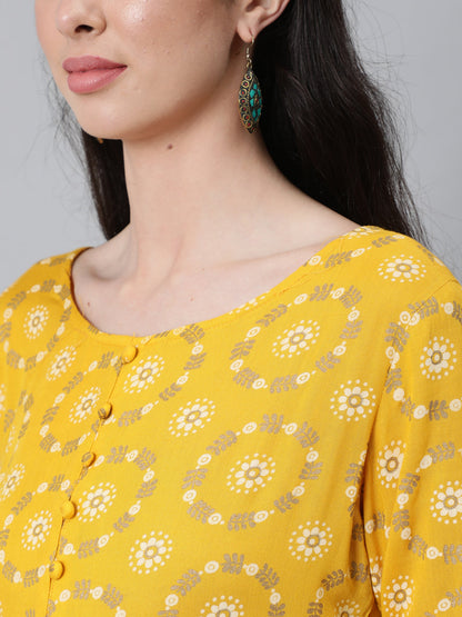 Women's Yellow Ethnic Printed Flared Dress With Three Quarter Sleeves