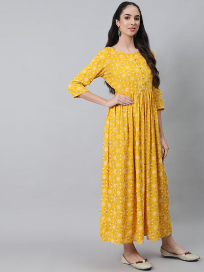 Women's Yellow Ethnic Printed Flared Dress With Three Quarter Sleeves