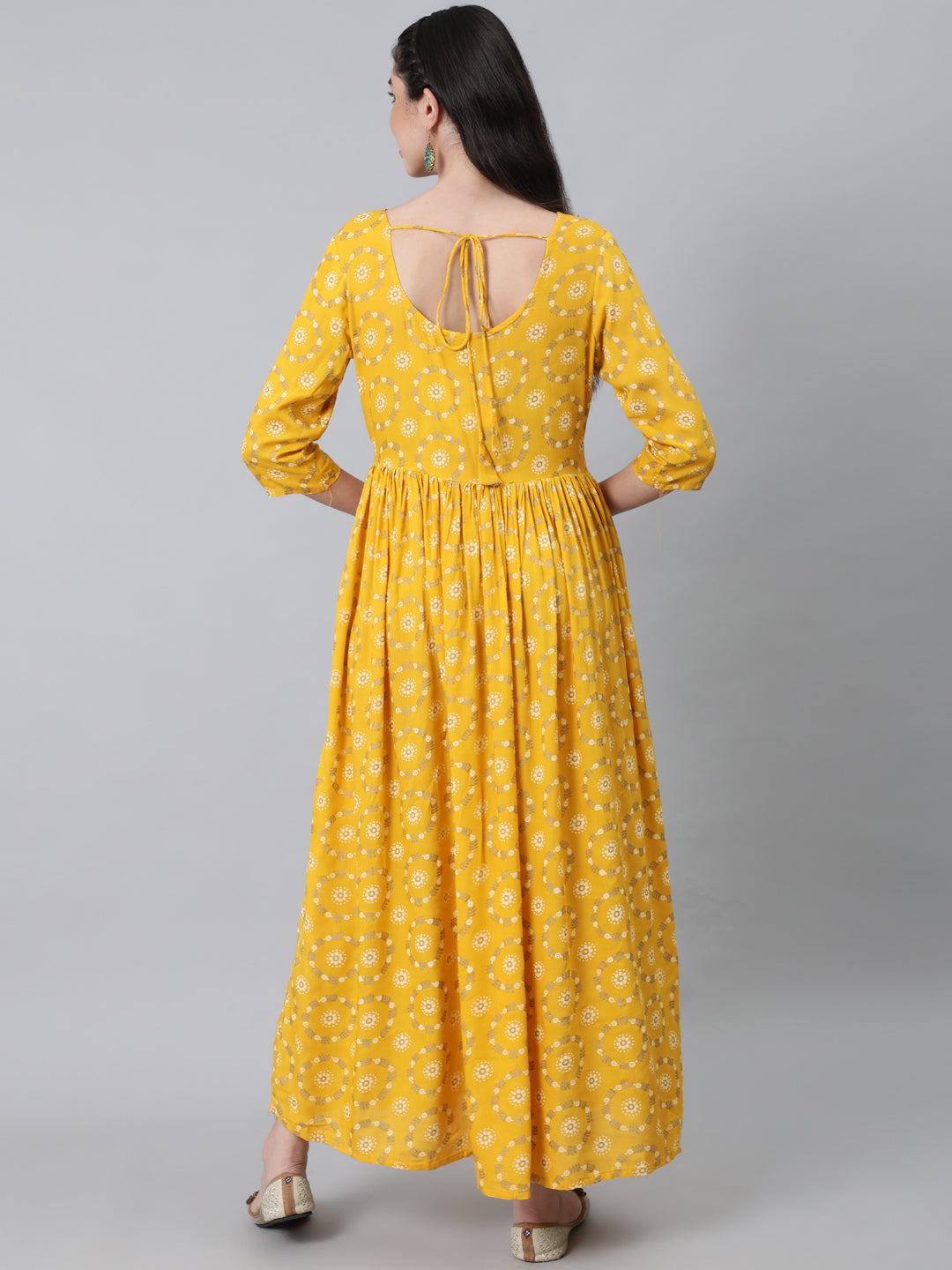 Women's Yellow Ethnic Printed Flared Dress With Three Quarter Sleeves