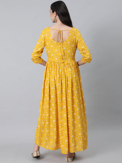 Women's Yellow Ethnic Printed Flared Dress With Three Quarter Sleeves