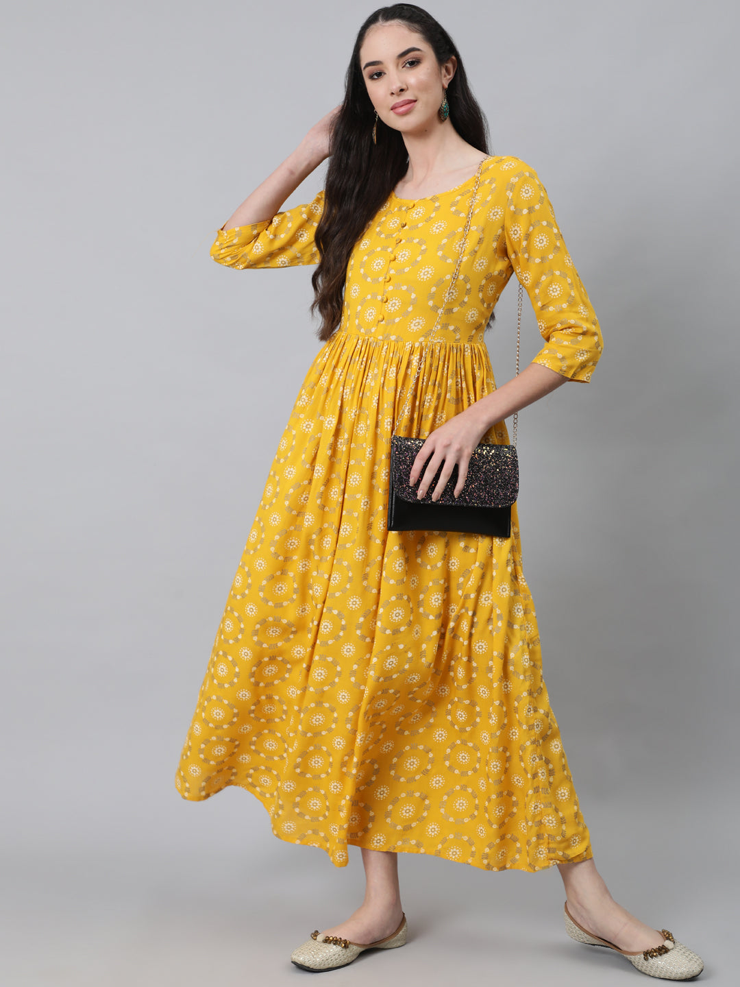 Women's Yellow Ethnic Printed Flared Dress With Three Quarter Sleeves