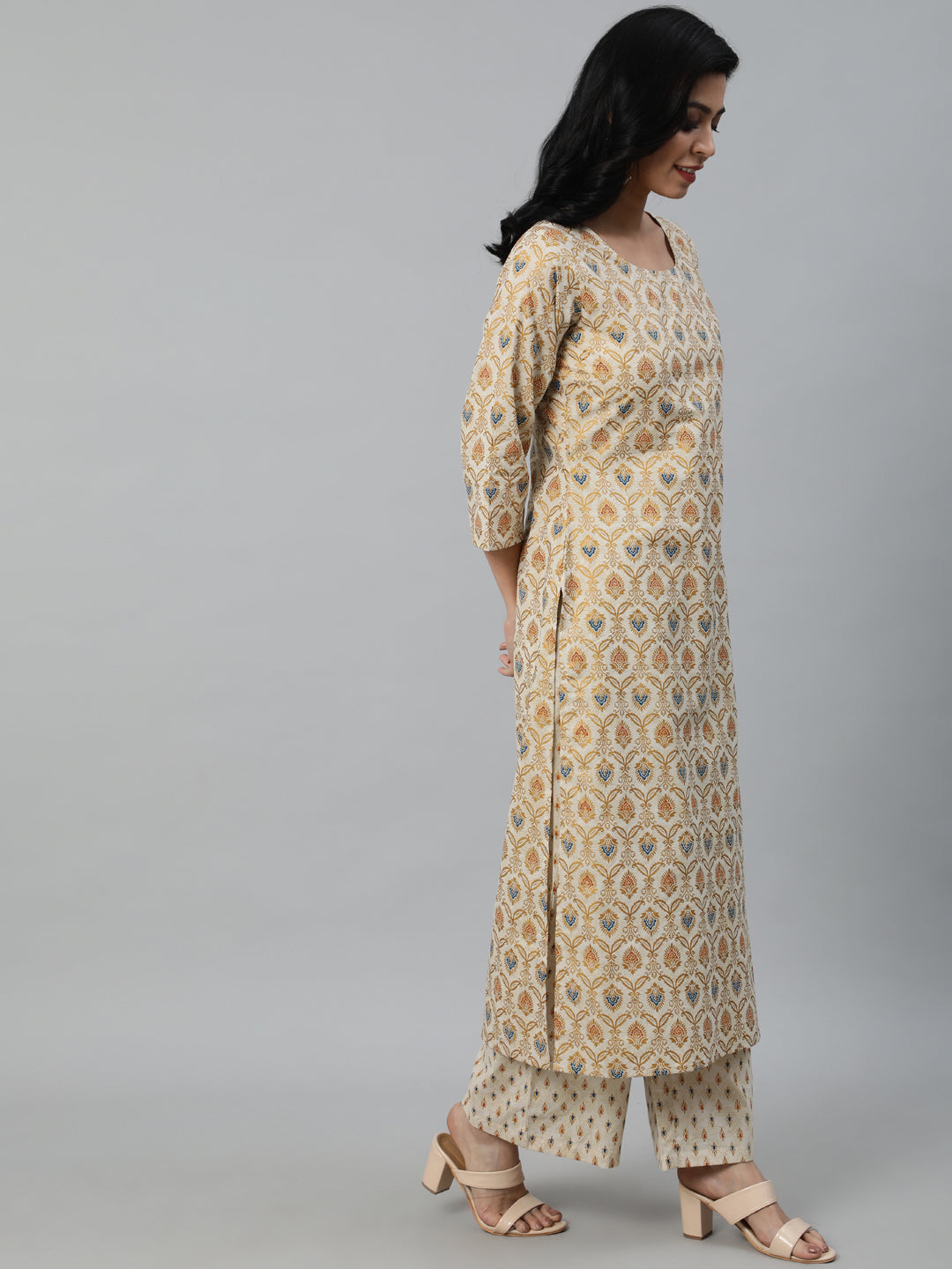 Women's Cream & Gold Printed Straight Kurta With Plazo & Dupatta
