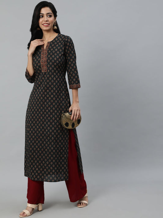 Women's Green Ethnic Printed Straight Kurta With Three Quarter Sleeves