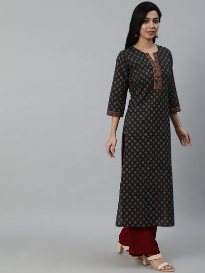 Women's Green Ethnic Printed Straight Kurta With Three Quarter Sleeves