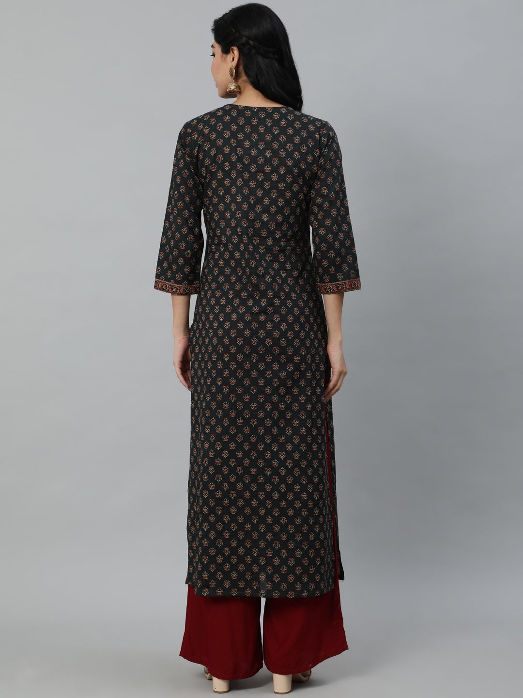 Women's Green Ethnic Printed Straight Kurta With Three Quarter Sleeves