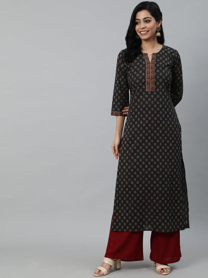 Women's Green Ethnic Printed Straight Kurta With Three Quarter Sleeves