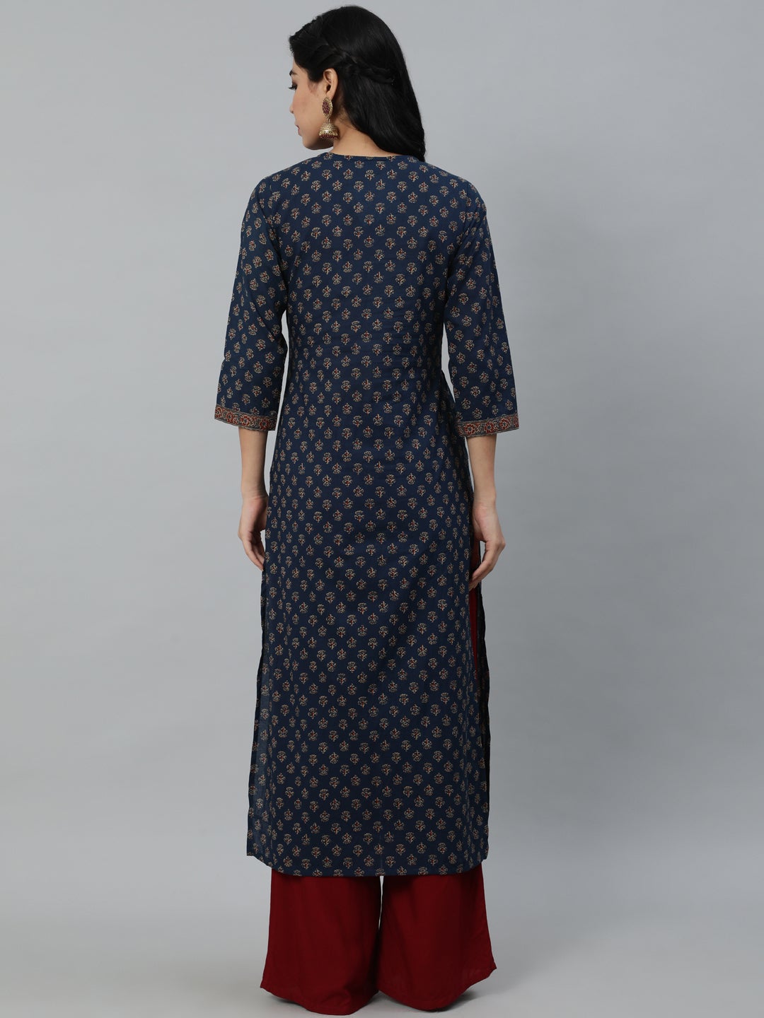 Women's Navy Blue Ethnic Printed Straight kurta With Three Quarter Sleeves