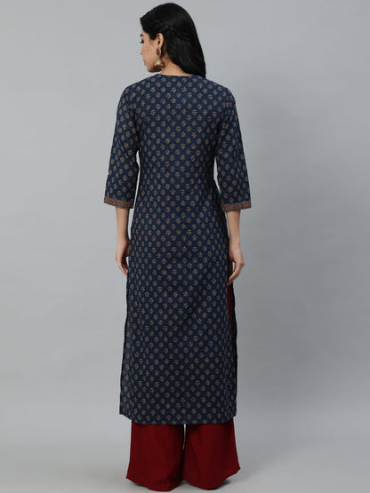 Women's Navy Blue Ethnic Printed Straight kurta With Three Quarter Sleeves