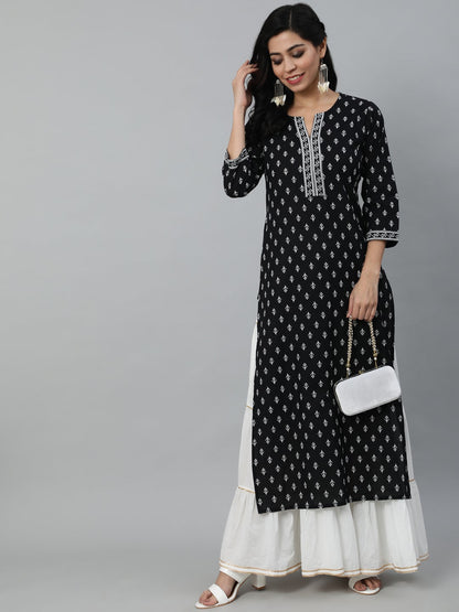 Women's Black Calf Length Straight Kurta With Round Neck And Three Quarter Sleeves