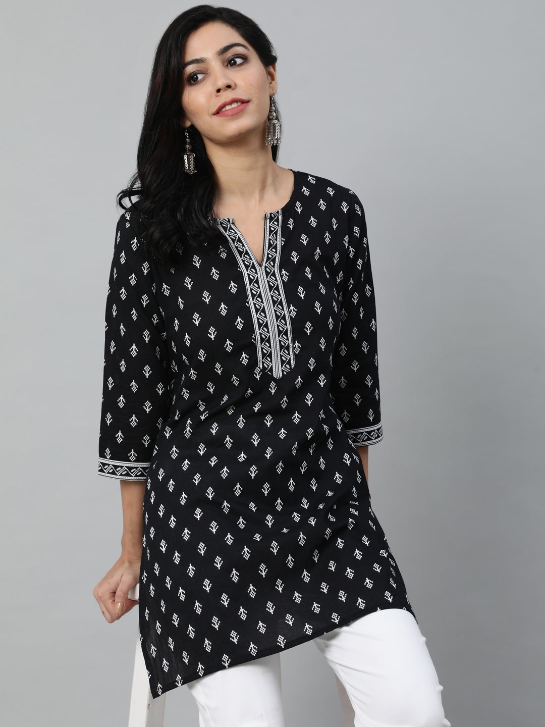 Women's Black & White Printed Cotton Tunic