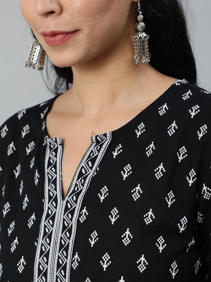 Women's Black & White Printed Cotton Tunic