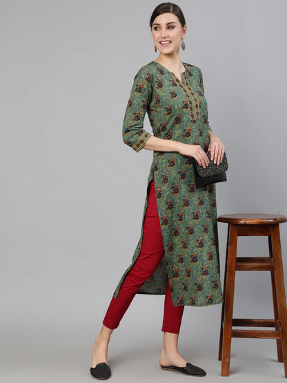 Women's Blue Printed Straight Kurta With Three Quarter Sleeves