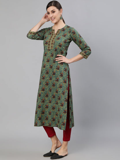 Women's Blue Printed Straight Kurta With Three Quarter Sleeves