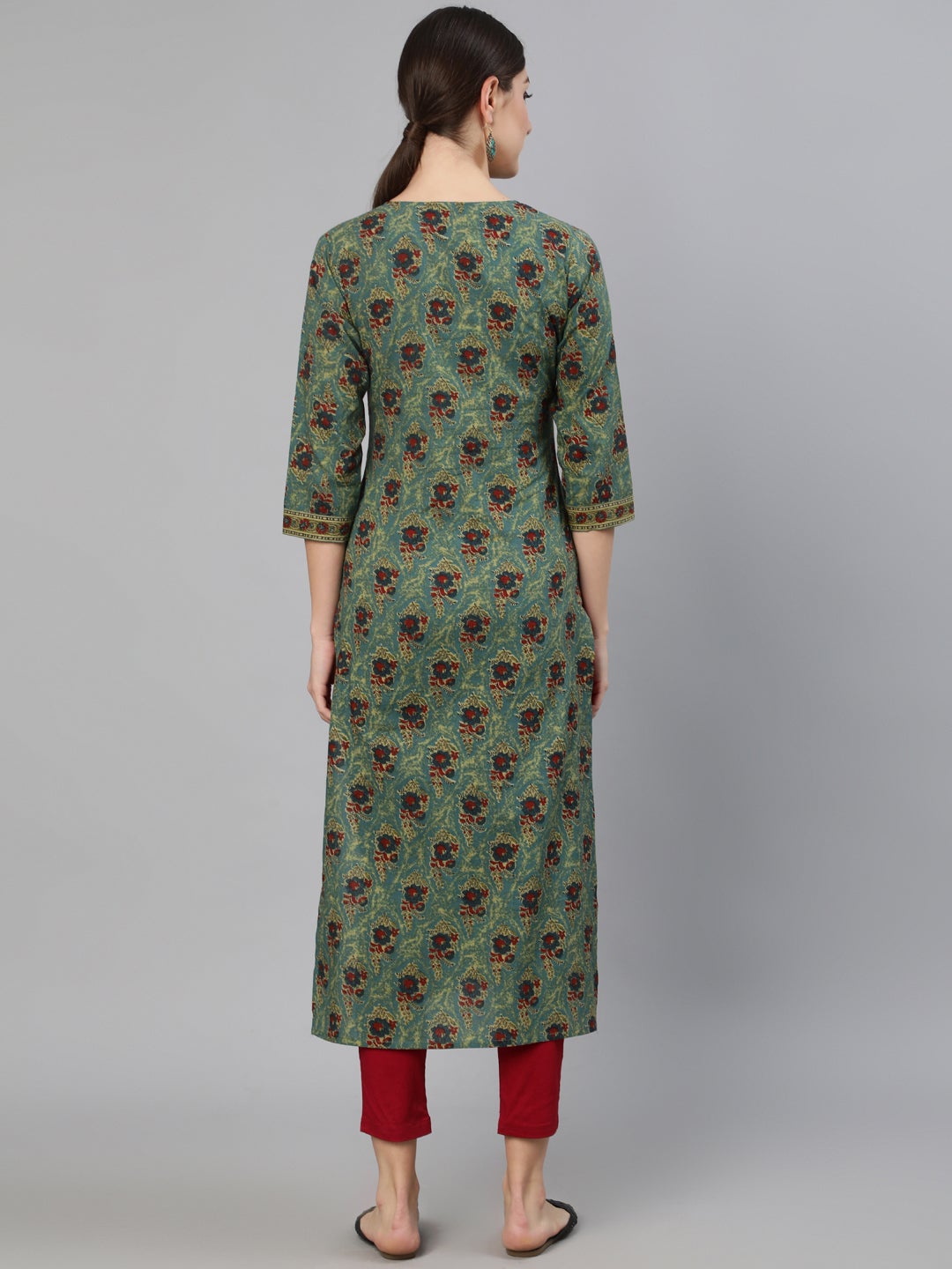 Women's Blue Printed Straight Kurta With Three Quarter Sleeves