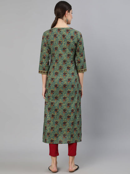 Women's Blue Printed Straight Kurta With Three Quarter Sleeves