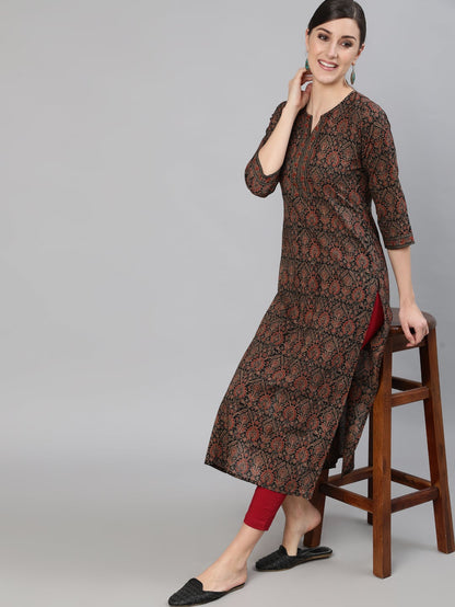 Women's Multi Printed Straight Kurta With Three Quarter Sleeves