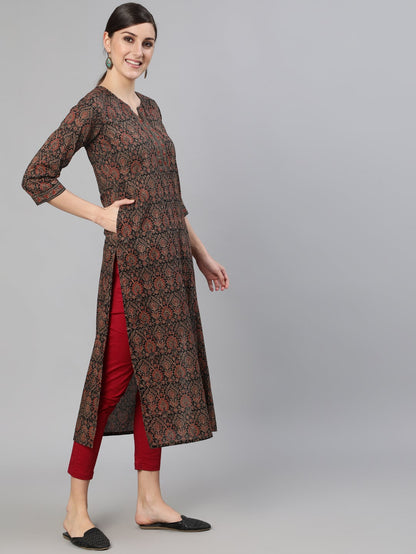 Women's Multi Printed Straight Kurta With Three Quarter Sleeves