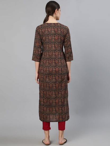 Women's Multi Printed Straight Kurta With Three Quarter Sleeves