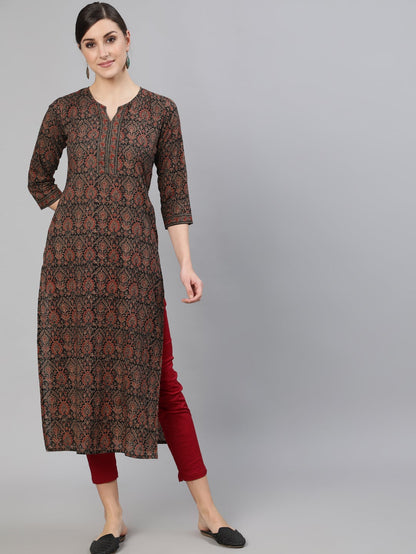 Women's Multi Printed Straight Kurta With Three Quarter Sleeves