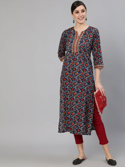 Women's Blue Printed Straight Kurta With Three Quarter Sleeves