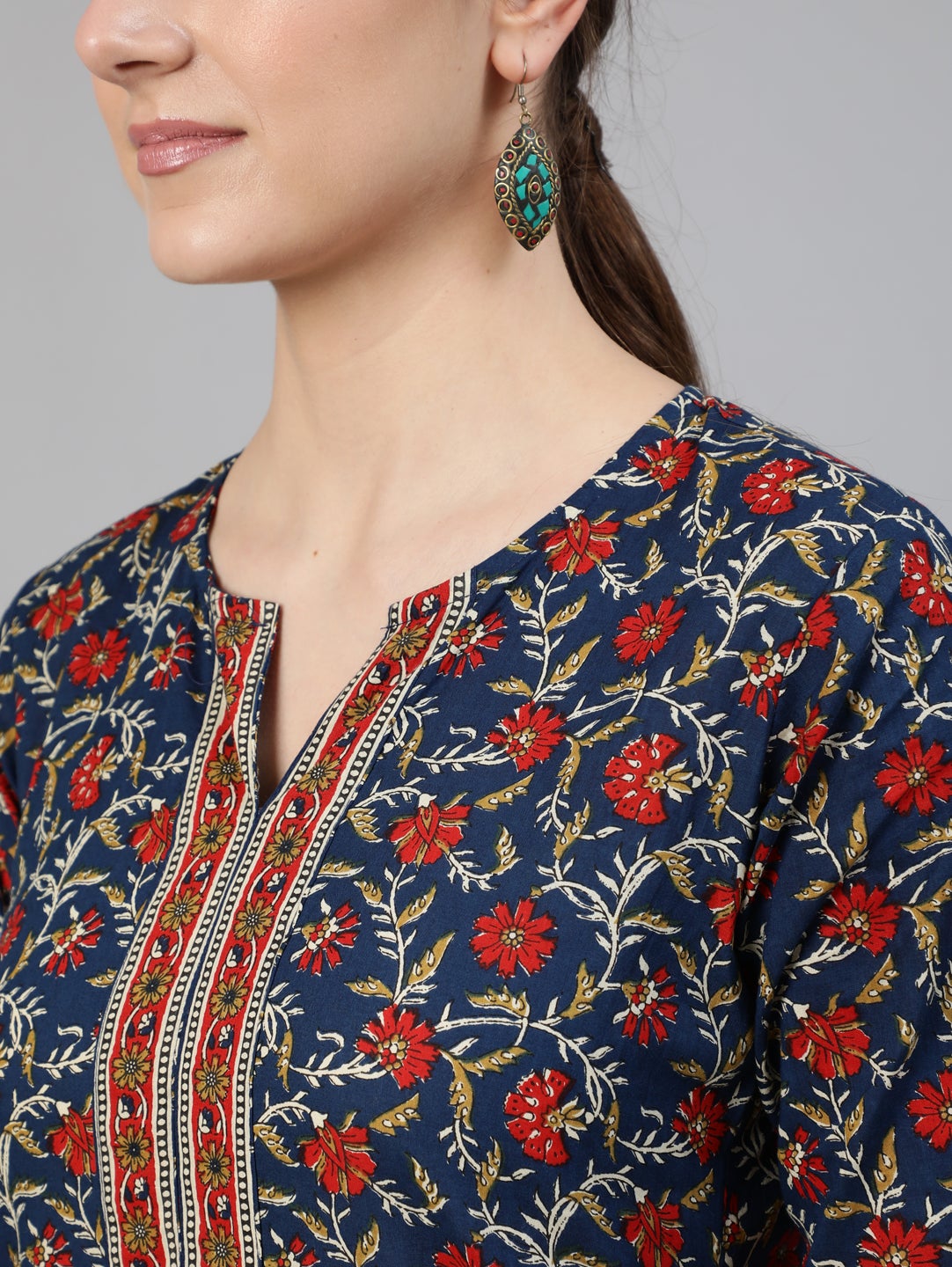 Women's Blue Printed Straight Kurta With Three Quarter Sleeves