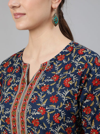Women's Blue Printed Straight Kurta With Three Quarter Sleeves