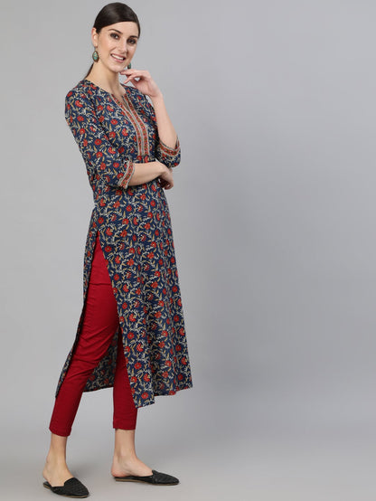 Women's Blue Printed Straight Kurta With Three Quarter Sleeves