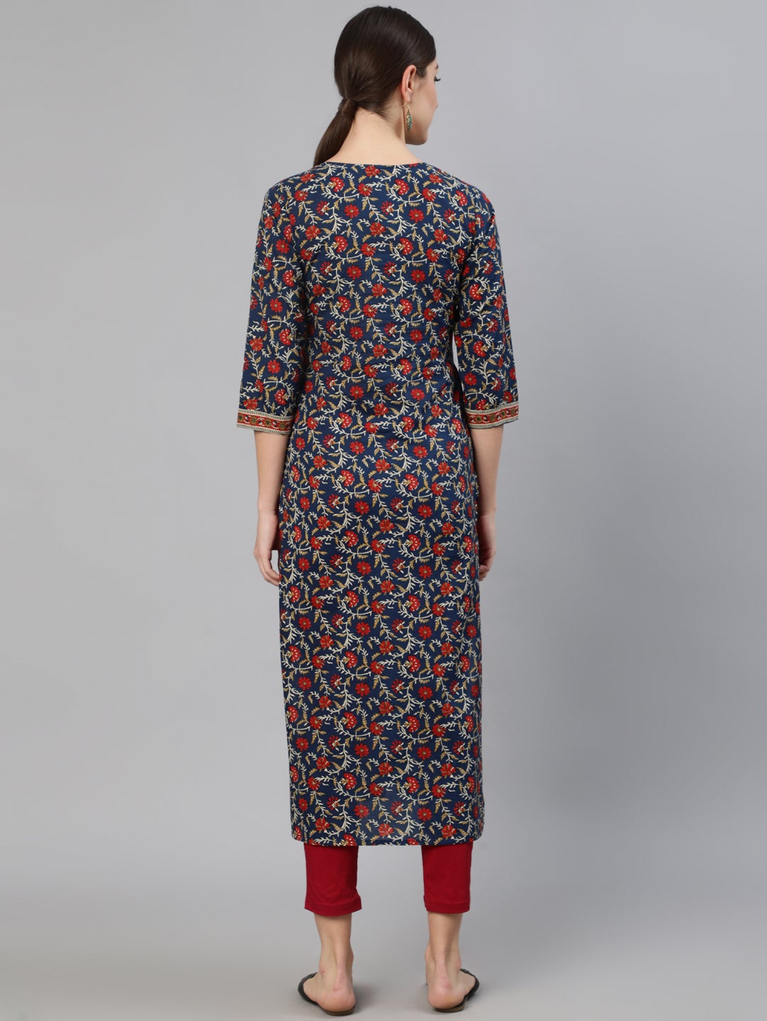 Women's Blue Printed Straight Kurta With Three Quarter Sleeves