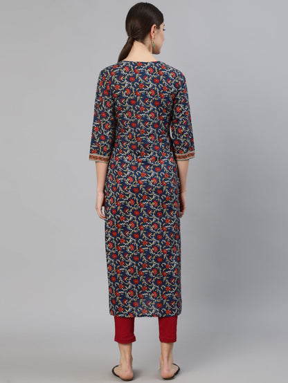 Women's Blue Printed Straight Kurta With Three Quarter Sleeves