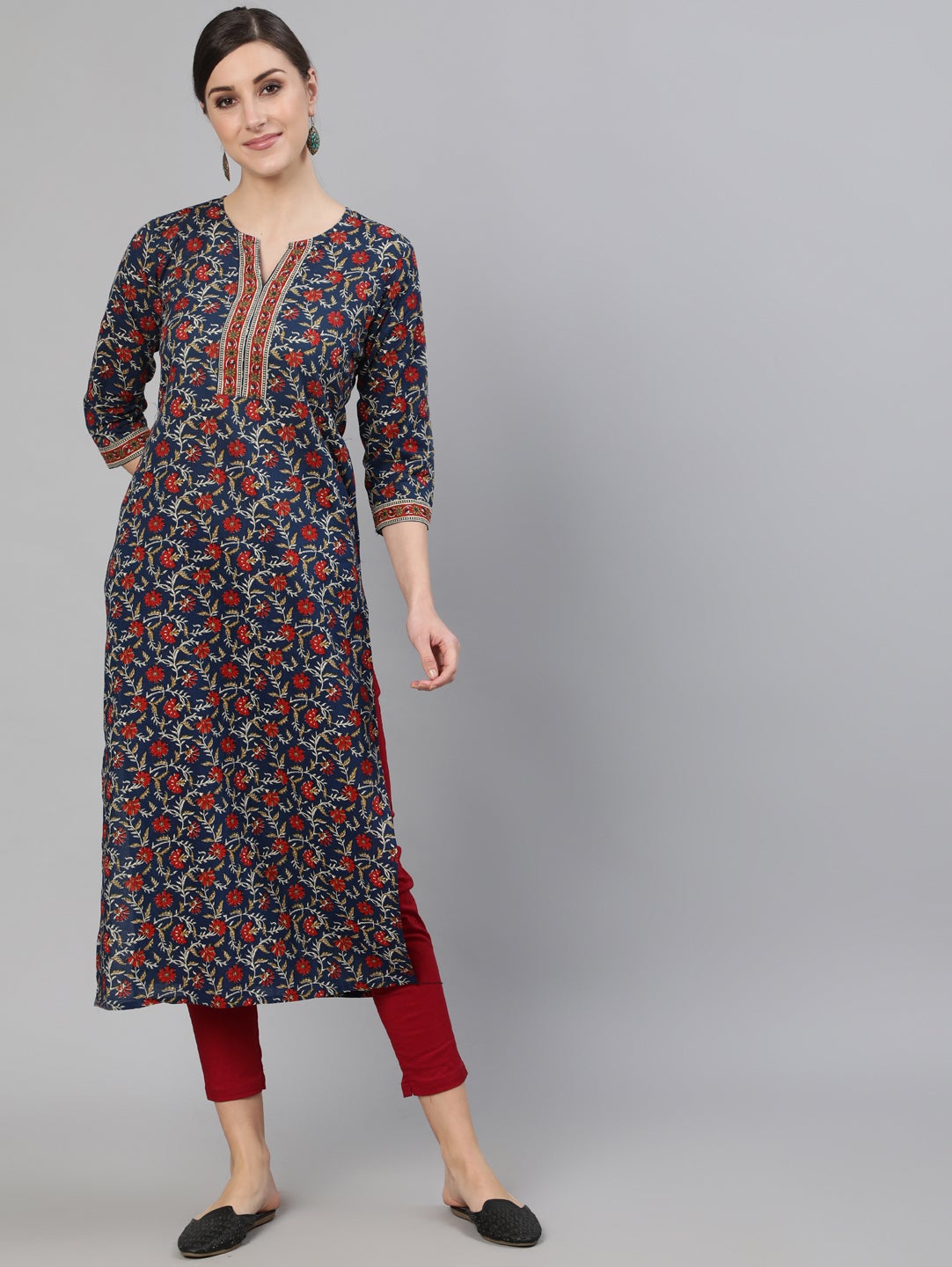 Women's Blue Printed Straight Kurta With Three Quarter Sleeves