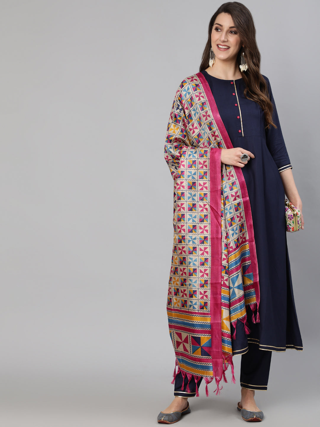Women's Navy Blue Solid Gathered Kurta With Palazzo And Sequance  Dupatta