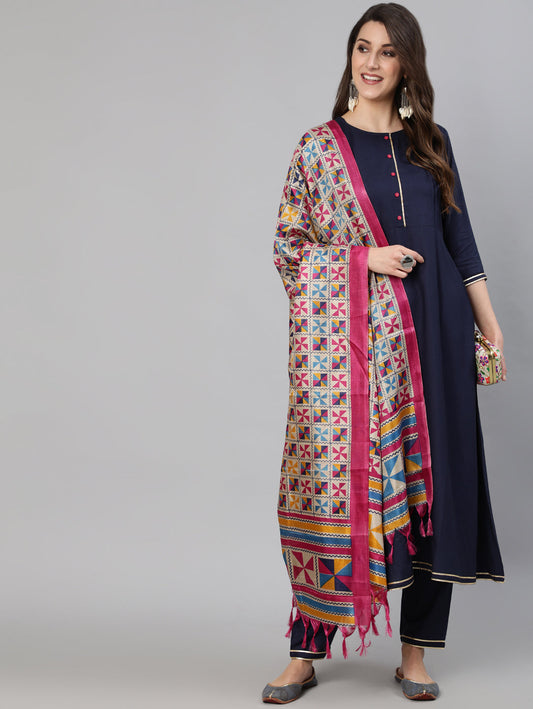 Women's Navy Blue Solid Gathered Kurta With Palazzo And Sequance  Dupatta