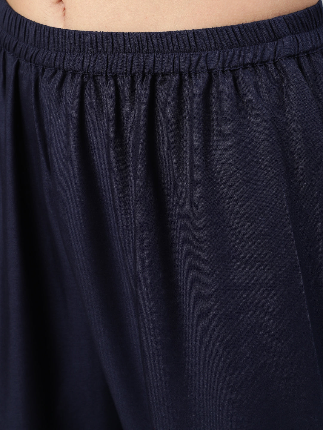 Women's Navy Blue Solid Gathered Kurta With Palazzo And Sequance  Dupatta