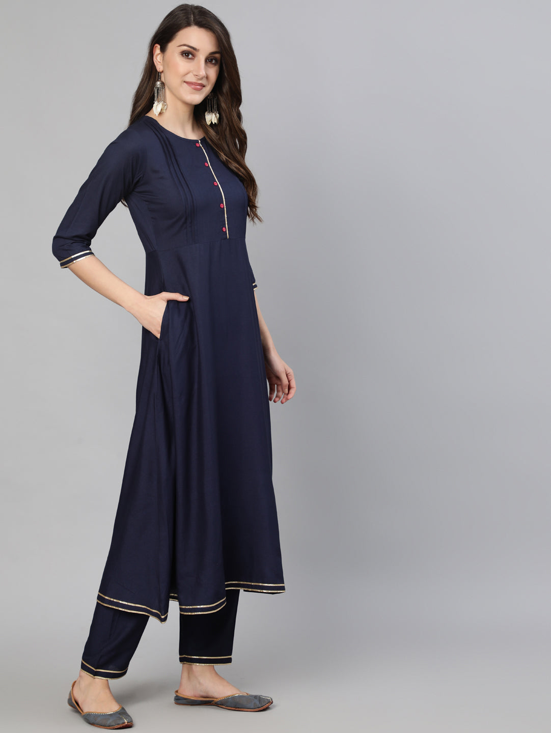 Women's Navy Blue Solid Gathered Kurta With Palazzo And Sequance  Dupatta