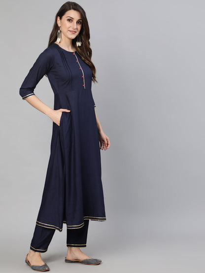 Women's Navy Blue Solid Gathered Kurta With Palazzo And Sequance  Dupatta