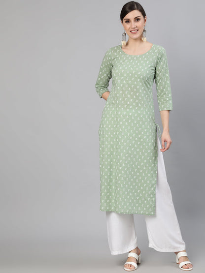 Women's Sage Green Printed Straight Kurta With Three Quarter Sleevs