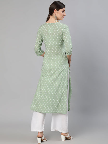 Women's Sage Green Printed Straight Kurta With Three Quarter Sleevs