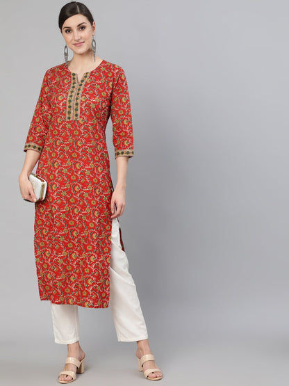 Women's Red Floral Printed  Straight Kurta With Three Quarter Sleeves