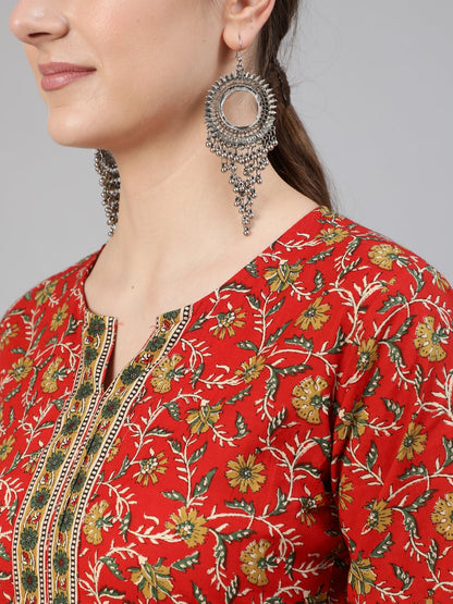 Women's Red Floral Printed  Straight Kurta With Three Quarter Sleeves