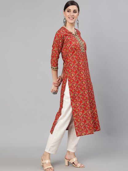 Women's Red Floral Printed  Straight Kurta With Three Quarter Sleeves