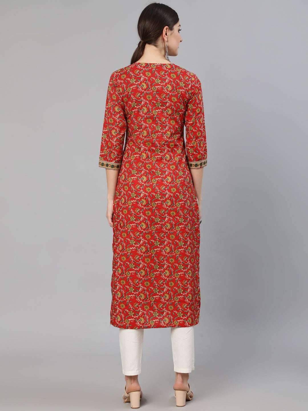 Women's Red Floral Printed  Straight Kurta With Three Quarter Sleeves